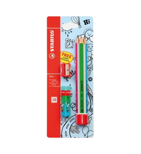 Lápices de Grafito, Trio Jumbo, 2B, Barniz Neón, Cuerpo Triangular, Mina 4.2 mm + Sacapuntas + Borrador, Blister x 3 Unds.